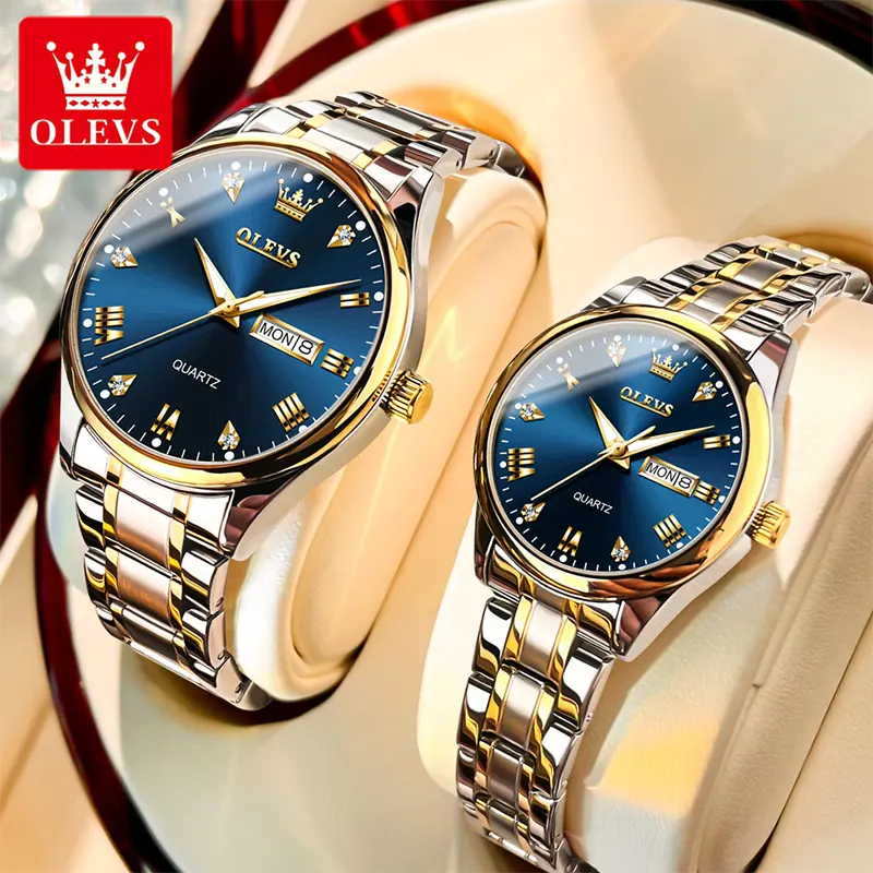 Olevs Blue Dial Two-tone Couple Watch | 5563